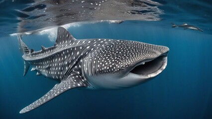 Obraz premium A whale shark with its mouth open swims in the water above the surface