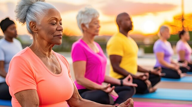 Diverse group of elderly people meditating in an outdoor sunrise yoga session