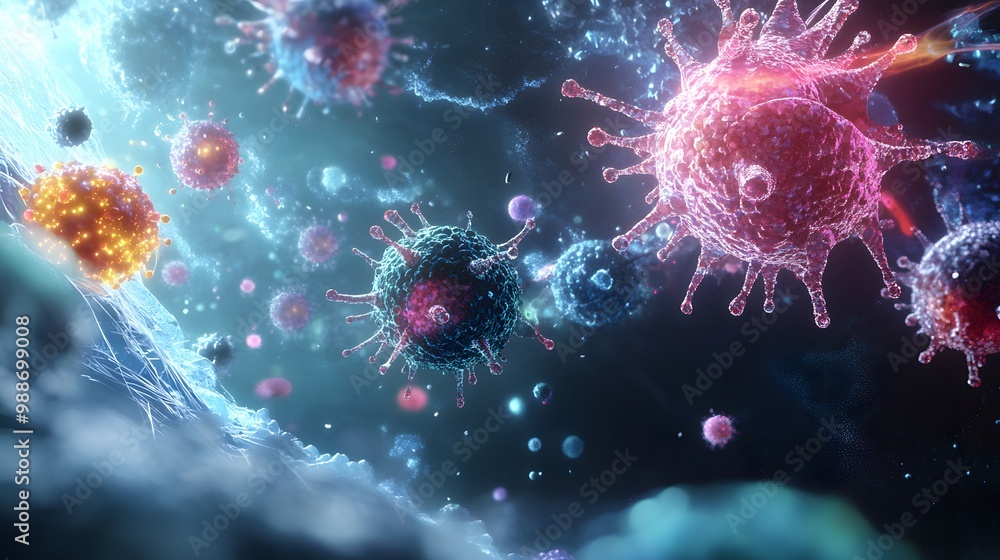 Poster a microscopic view of multicolored viruses in a cell