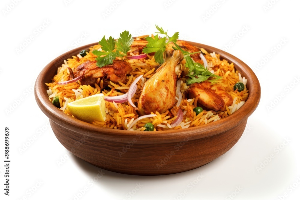 Poster chicken dum biryani food white background vegetable.