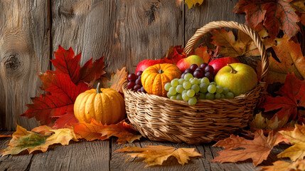 Basket filled with assorted fresh fruits and mini pumpkins, surrounded by vibrant autumn leaves on rustic wooden surface
