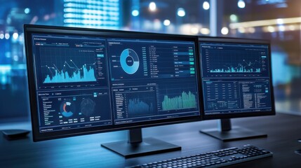 Computer monitor displaying an abstract dashboard with data analytics, graphs and charts
