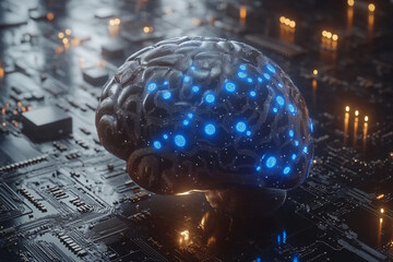 Futuristic illustration of a human brain with blue circuit connections, representing artificial intelligence and advanced technology concepts in a vibrant, high-tech environment.