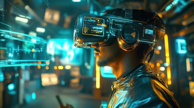 A virtual reality user immersed in a multi-dimensional world, wearing futuristic gear and interacting with a mixed-reality environment