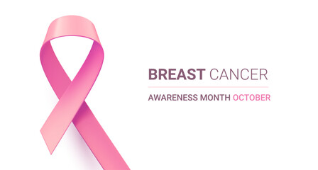 Vector illustration of breast cancer pink realistic ribbon with loop and shadow. Template design with word for awareness month campaign banner. Symbol of breast cancer awareness