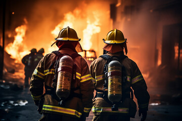 Fototapeta premium AI generated photo of courageous male firefighter against the backdrop of a fire