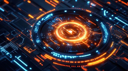 Futuristic Navigation Device Poster: Illuminate Your Space with a Glowing Digital Compass and Neon Accents Against a High-Tech Circuit Board Background for a Cutting-Edge Sporty Aesthetic!