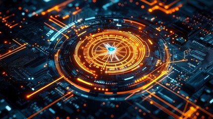 Obraz premium Futuristic Navigation Device Poster: Illuminate Your Space with a Glowing Digital Compass and Neon Accents Against a High-Tech Circuit Board Background for a Cutting-Edge Sporty Aesthetic!