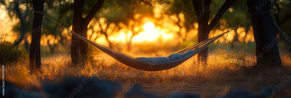 Poster hammock serenity, a tranquil scene of a hammock nestled between trees with a gentle sunset creating 