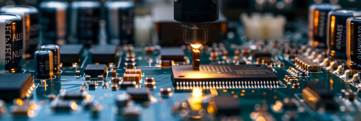 Fototapeta na wymiar A circuit board manufacturing line with machines precisely placing and soldering tiny electronic components