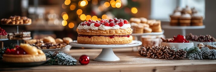 Holiday dessert table adorned with festive treats, friends joyfully celebrating in the background, warm atmosphere, cheerful gathering