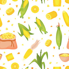 Corn cobs seamless pattern. Corns spikelets, yellow grains and cob in leaves. Agriculture fresh market, seasonal harvest. Organic raw vector background