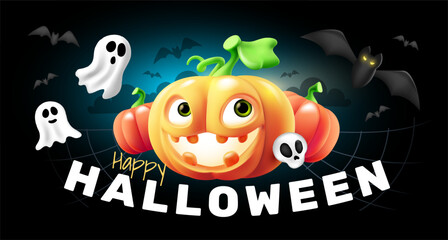 Vector holiday illustration of cute pumpkin character with glow scary face with ghost and bat. 3d style realistic design of halloween orange smile pumpkin monster with happy halloween word