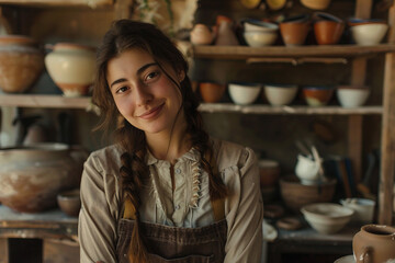 Generative AI realistic  photo in pottery workshop artist shop owner working with clay hobby