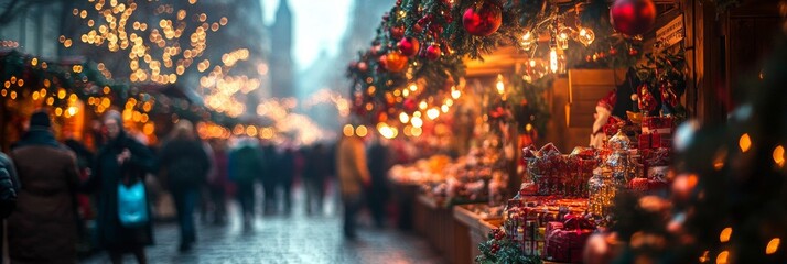 Obraz premium Festive Market Stall Amidst a Lively Crowd, Vibrant decorations, colorful goods, joyful atmosphere, seasonal cheer, bustling shoppers