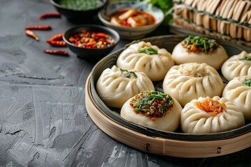 An assortment of baozi buns with various fillings, beautifully arranged on a platter.Gua bao buns.Baozi buns.Chinese steamed bun.Asian cuisine.