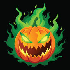 Glowing jack-o'-lantern with green flames, illustration on white background.