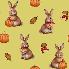 Watercolor Seamless Halloween Pattern with Bunny, Acorn, Pumpkin, Rosehip, and Bow – Whimsical Fall Design