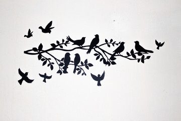Wooden Birds Wall Art - Birds on branch silhouette 