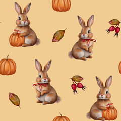 Watercolor Seamless Halloween Pattern with Bunny, Acorn, Pumpkin, Rosehip, and Bow – Whimsical Fall Design