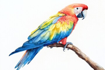 Fototapeta premium Watercolor Painting of a Scarlet Macaw Perched on a Branch.