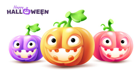 Vector happy halloween holiday illustration of set of cute pumpkin character with glow scary face on white background. 3d style realistic design of halloween carved smile different color pumpkin