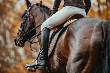 Obraz premium Generative AI illustration, equestrian sports lesson training, young person man woman kid learning to ride a horse