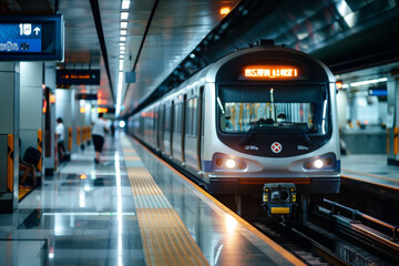 Futuristic modern public transport station with crowd of people, Generative AI image