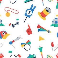 Football fans attributes. Flags foam finger whistles and horns. Sport fanatics elements seamless pattern, soccer tools vector background