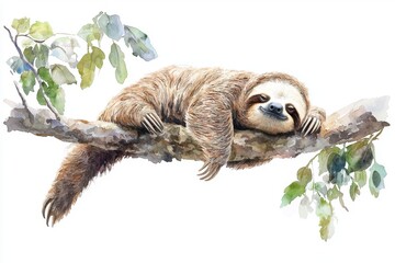 Obraz premium Sloth Hanging on a Branch Watercolor Painting.