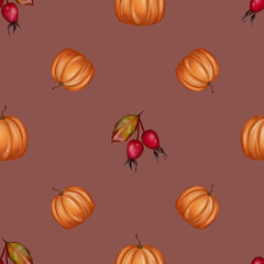 seamless autumn background with watercolor pumpkins and berries