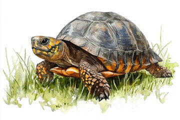 Obraz premium Watercolor Illustration of a Red-footed Tortoise in Grass.