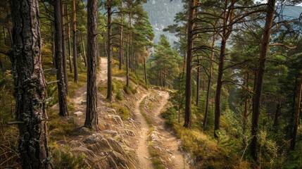 Obraz premium A forested mountain biking route with a mix of smooth and rocky trails, featuring technical descents and tight corners