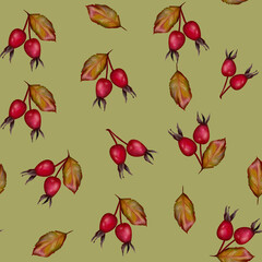 Seamless pattern showcasing bright red rosehips paired with autumn leaves and branches. nature-inspired design, fabric prints, home decor, seasonal packaging 