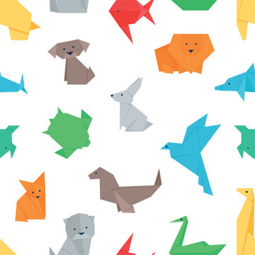 Paper japanese animal figures. Origami seamless pattern, birg lion dog turtle giraffe polygonal characters. Decorative print design, vector background