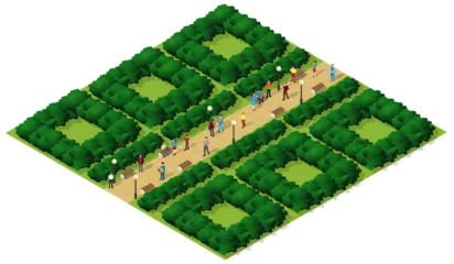 Poster Isometric city park with people walking and relaxing on benches