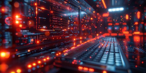 Futuristic computer terminal with digital data interfaces, surrounded by illuminated code and circuitry