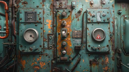 A rusted and old machine with two dials and a red triangle 