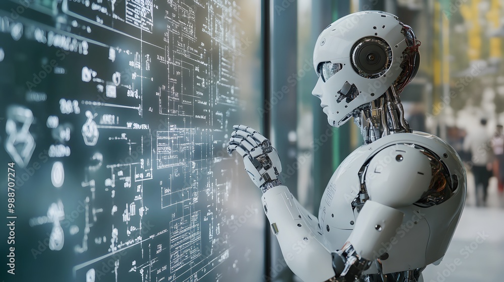 Poster a humanoid robot interacts with a digital screen displaying technical diagrams