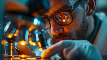 A man in a lab coat is looking through a microscope