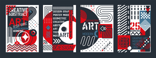 Modern poster. Design graphic elements. Frame shape layout. Geometric background. Creative abstract art. Logo fashion trend. Color lines and collage lettering. Flat motion grid. Vector banners set