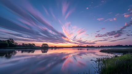 Fototapeta premium Stunning Sunset Over a Calm Lake with Pink Clouds