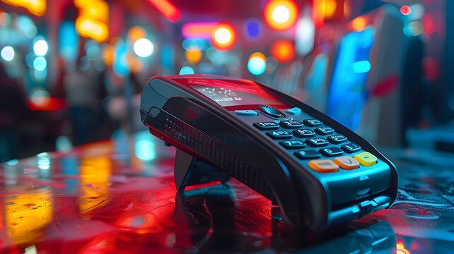 A black credit card reader sits on a table in a casino 