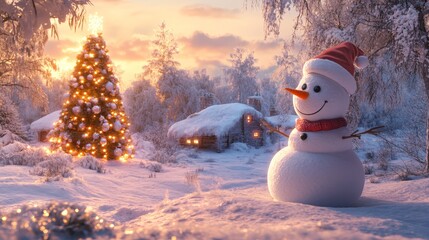 Obraz premium Snowy Landscape with a Snowman in Evening Light Surrounded by Snow-Covered Trees