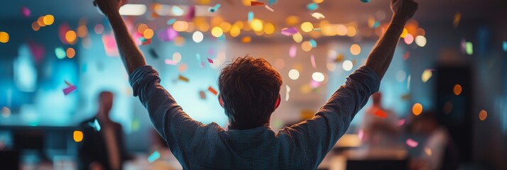 Celebration of Achievement, Individual joyfully acknowledging a job promotion amidst a cheerful office party atmosphere in the background