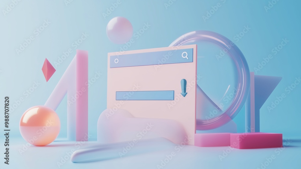 Poster modern abstract composition featuring geometric shapes and a search interface against a gradient bac