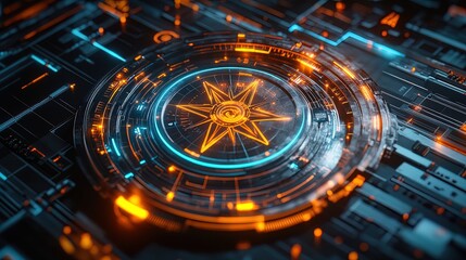 Illuminate Your Space: High-Tech Compass Poster Blending Blue and Orange Light Trails on a Modern Circuit Layout for Dynamic Sports Interior Design