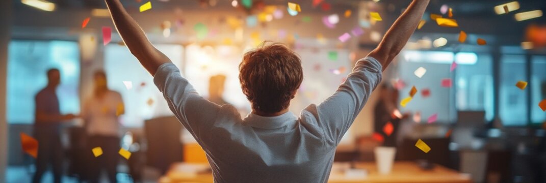 Celebrating Success, a person joyfully acknowledges a job promotion amidst a festive office party in the background.