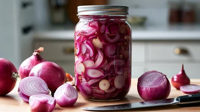 Delicious homemade vegetable pickles with sliced red onions stored in a glass jar on a kitchen countertop during bright afternoon light