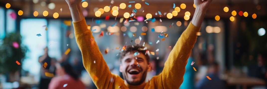 Celebrating Success, a joyful individual revels in a job promotion amidst a softly blurred office party atmosphere.